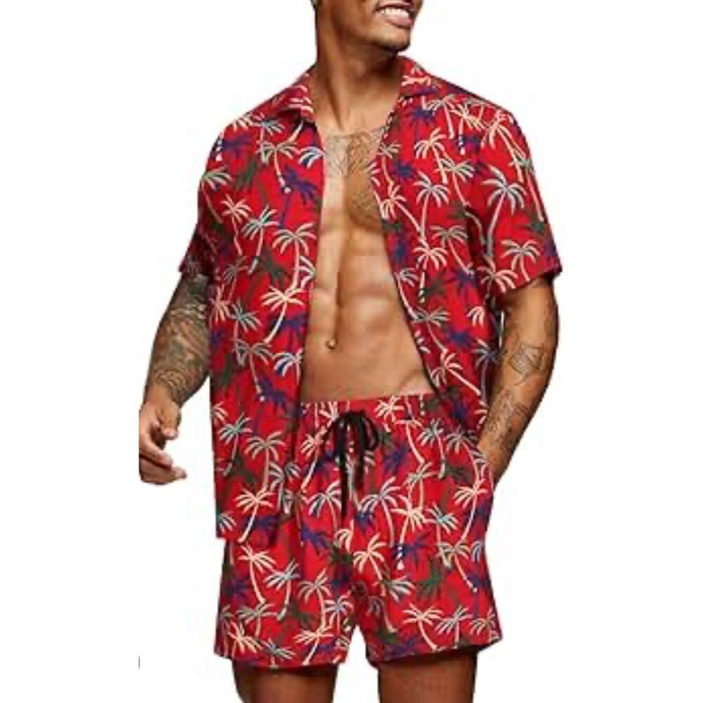 Vatpave Men's Red Tropical Hawaiian Print Shorts Shirt Set Size XXXL
